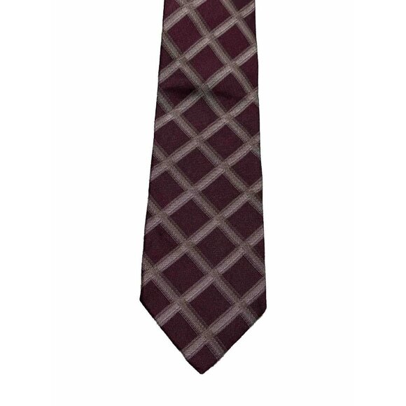 Burberry London Men's Plaid Check Silk Tie Maroon Gray Brown 57” Made In Italy - Picture 1 of 10